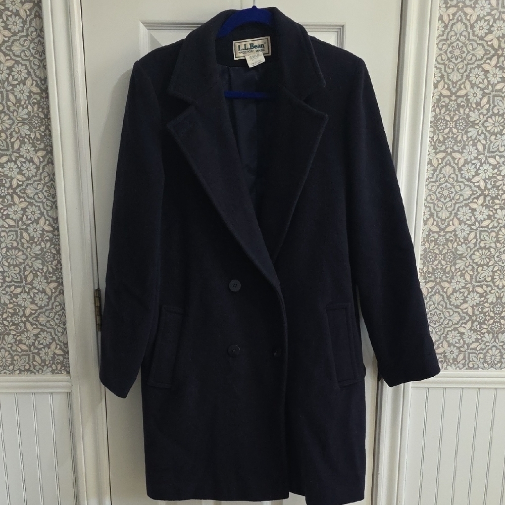 Vintage L.L.Bean Navy Blue Double Breasted Wool Blend Pea Coat Jacket  Size 12​​